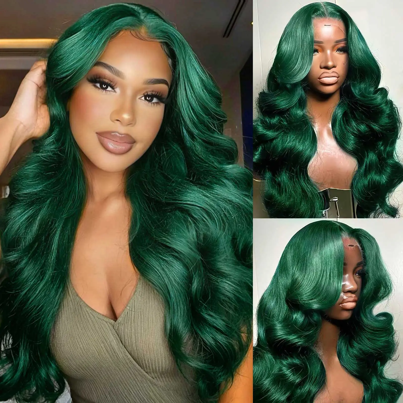 HAHA Dark Green Human Hair Lace Front Wig, 13x6 HD Lace Frontal Closure, 150% Density Body Wave, Glueless, Pre-Plucked, Pre-Bleached Brazilian Remy Wigs Human Hair, Human Hair Wigs