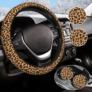 Leopard Steering Wheel Cover Anti-Slip and Practical 14.5-15 Inch Universal  Steering Wheel Cover with 2 count  Coasters Suitable for Men Women