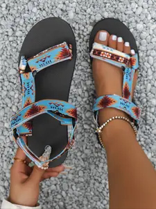 Women's Boho Style Colorful Strap Flat Sandals, Casual Trendy Slingback Sandals, Fashionable Sandals for Summer Beach Vacation, Chic Summer Footwear, Classy Sandals, Lightweight