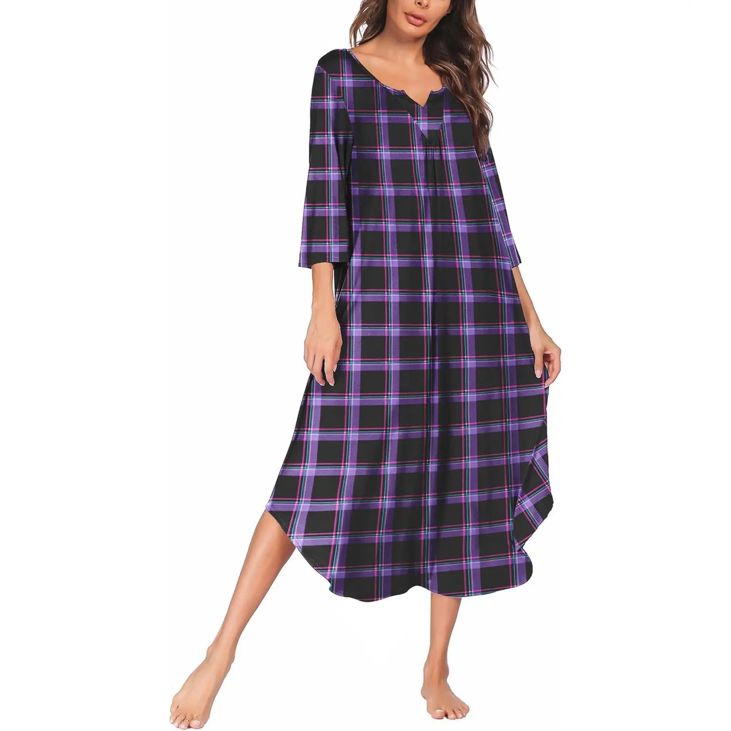 Long Nightgown for Women 3/4 Sleeves Nightshirt Maxi Sleep Dress Plus Size Loungewear Full Length Sleepwear