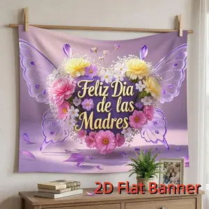 1PC,2D Flat Spanish Feliz Dia de las Madres Backdrop, Family Photo Decor Hanging Cloth, Party Decoration Background Wall, Warm Purple Butterfly Flower Pattern