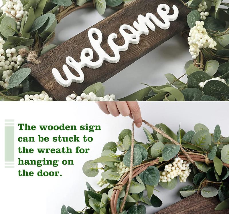 ZMOCEN A Green Eucalyptus Spring/Summer Wreath With A Welcome Sign, Featuring Artificial Spring/Summer White Berries. Suitable For Front Doors, Walls, Windows, Festive Occasions, Farmhouses, Porches, Patios, And Wedding Season Decorations (White + Green).