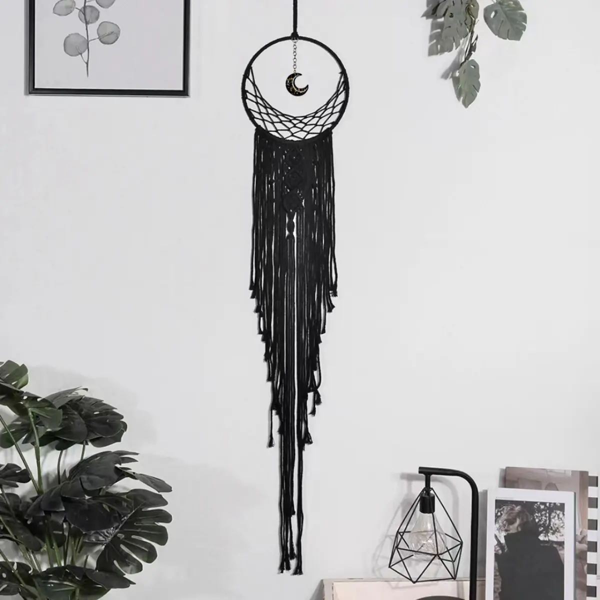 Ramadan Raya Black Moon Wall Decoration Handmade Woven Tapestry Pentagram Wall Hanging Star and Moon Dream Catcher