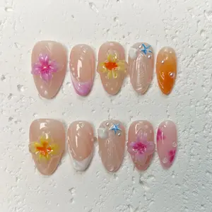 [Tropical Breeze] Short Almond Handmade Press on Nails, Fake Nails with Nail tool kit with Jelly Stickers, Reusable, Durable