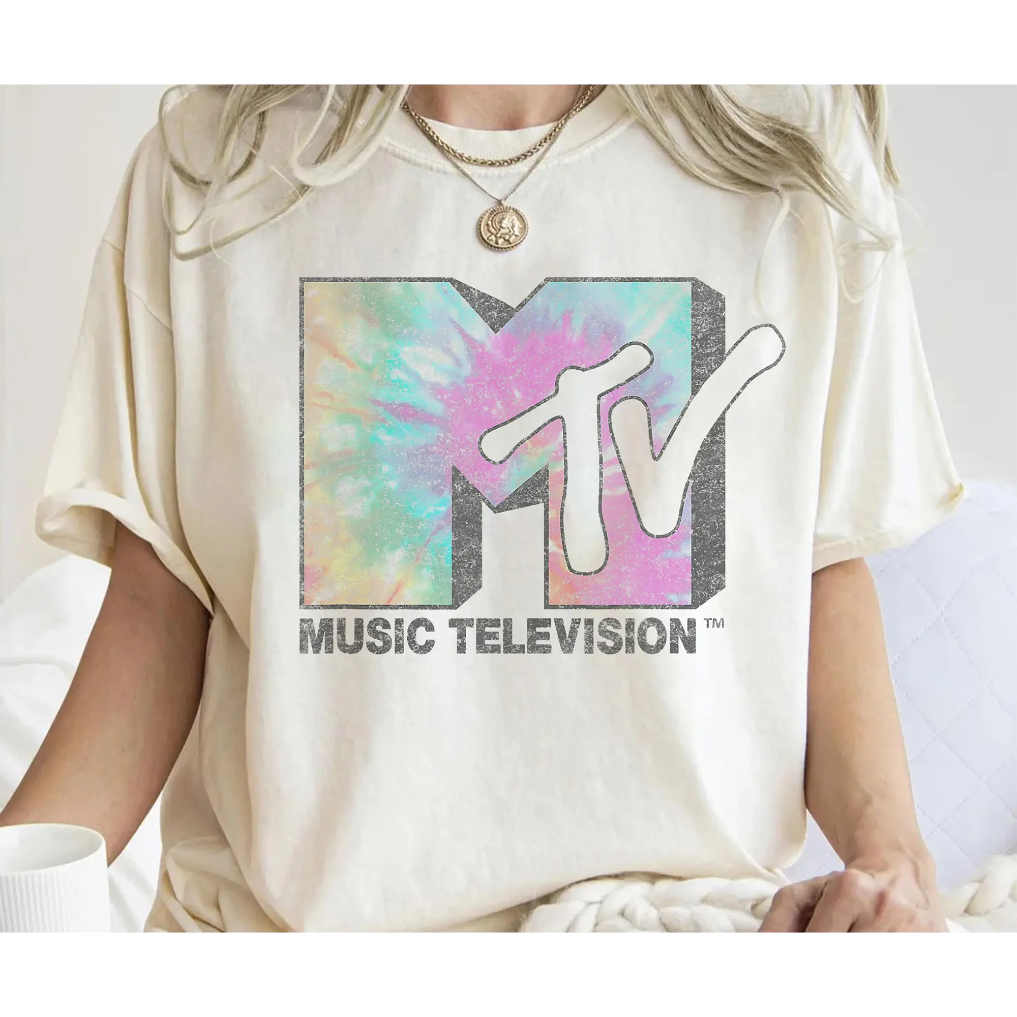 Graphic T-shirt for Women, Rainbow Tie Dye Logo Style, Retro Summer Vibes, Matching Birthday Trip Tee