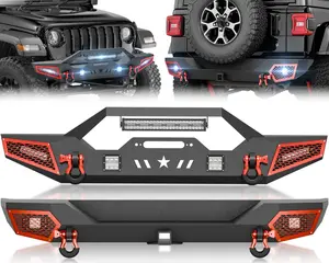 for Wrangler JL JLU Front and Rear Bumpers Compatible with 2018-2026 Jeep Wrangler JL JLU Unlimited 2/4 Doors with 7 x LED Lights, Winch Plate, 2" Hitch Receiver & D-rings, Paintable Armor
