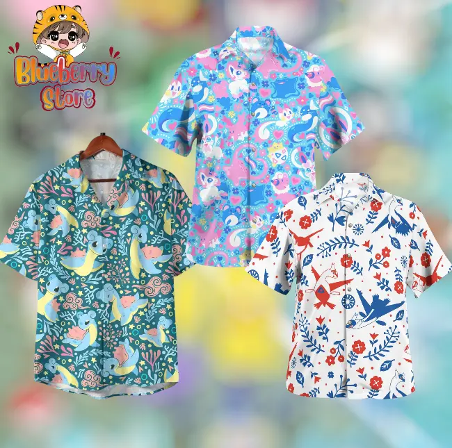 Cute Hawaiian Shirt – Pink and Blue Tropical Vibes, Anime Lapras Ocean Breeze, Anime Aloha Latias Latios Hawaiian Shirt #hawaiianshirt #alohashirt #summeroutfit #beachwear #tropicalvibes #buttonupshirt #vacationfit #tiktokshopfinds #viraloutfit #mensstyle