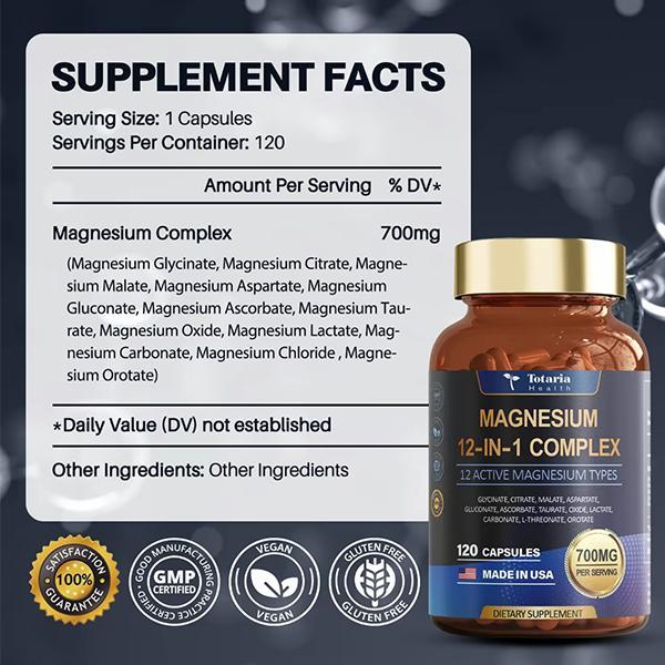 12-in-1 Magnesium Complex 700mg - Supplement  with Glycinate Citrate Malate Oxide Taurate Aspartate Orotate, Vegan Capsules for Muscle, Heart, and Relaxation Support  magnesium