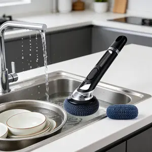 This multi-functional kitchen dishwashing brush, Household cleaning tool, comes with two cleaning balls and a soap dispenser, a non-electric, long-handled scrubber for washing dishes, pots, pans, and other kitchen utensils
