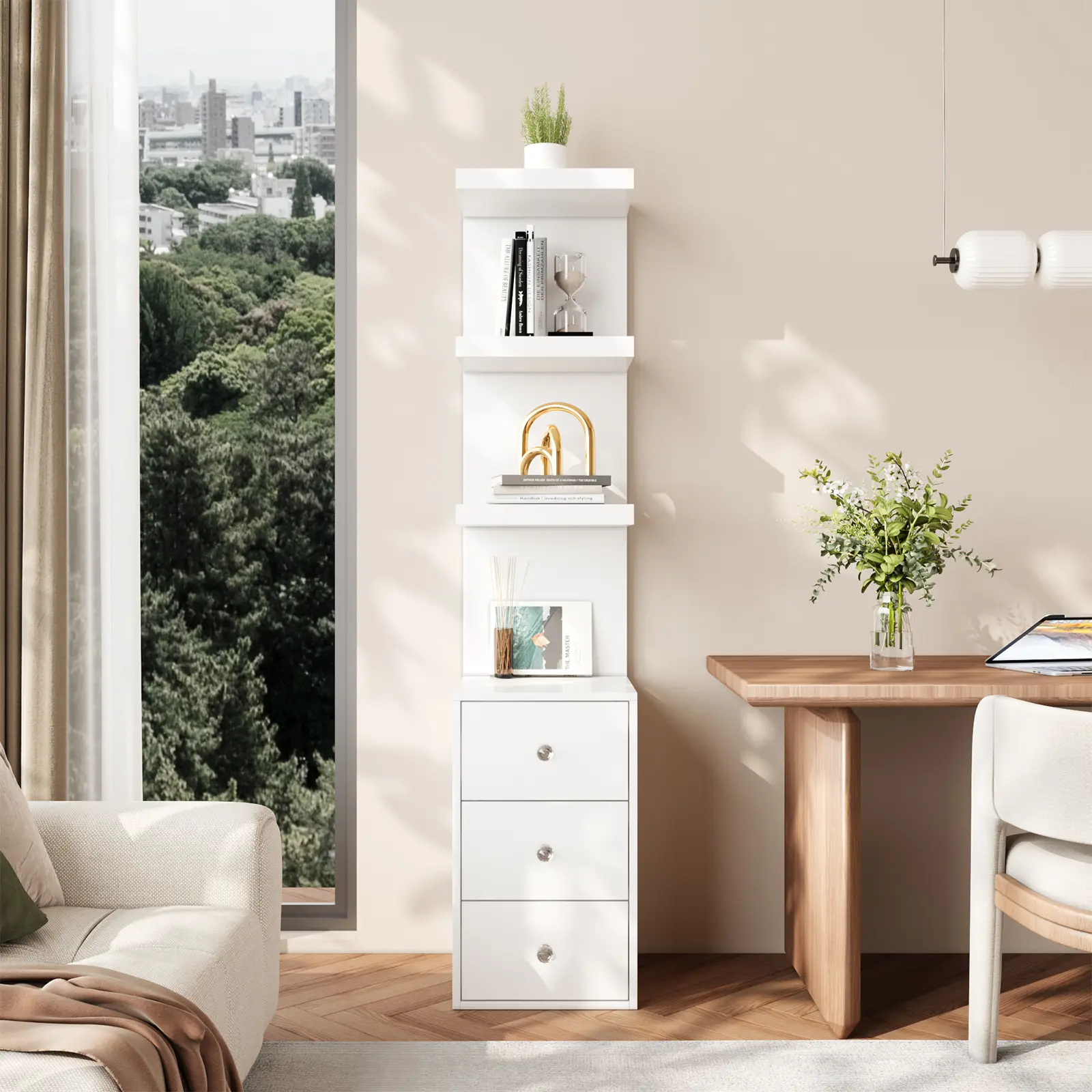 VOWNER 3-Tier LED-Lit Drawer Dresser - Freestanding Modern Wood Cube Home Storage Cabinet with Easy-Open Minimalist Drawers, Lighted Curio Vanity Stand Shelf, Entryway Indoor Furniture with Mounting Hardware