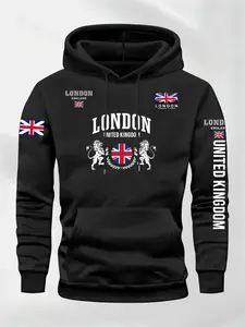 Men's Fall Winter Hooded Sweatshirt, Flag Letter Print Long Sleeve Casual Top, Fleece Regular Fit, Fashion Daily Wear