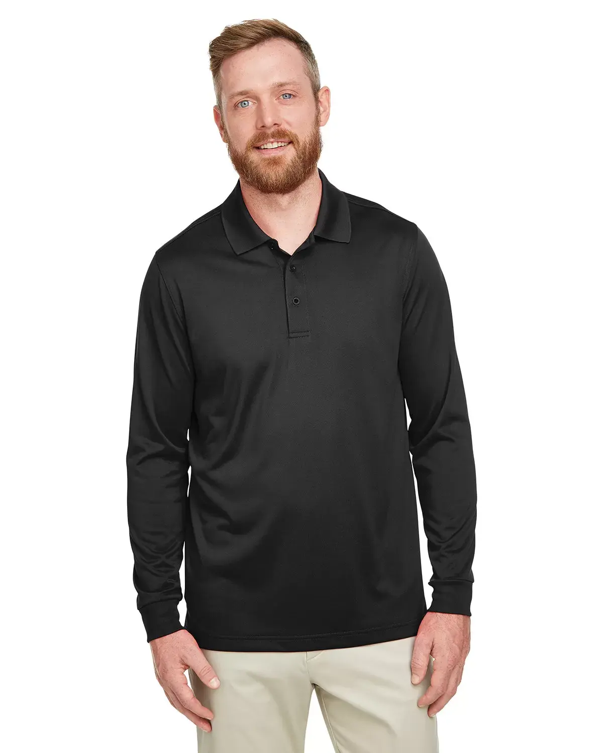 Men's Performance Polo Shirt, Long Sleeve Button-Down in Polyester Knit Jersey with Moisture-Wicking, Snag Protection & UV Guard, Button Polo Shirts, Fitted, Snag Guard, Basic, Uv 15-39 Protection, Smart Casual Style, M