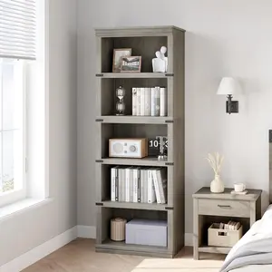 Garvee and Garvee Rustic Farmhouse Wooden Bookcases with 3 to 5 Tiers, Open Display Shelves, and Ample Storage. Ideal for Home Office, Living Room, Bedroom, and Study. Available in Various Heights and Colors.
