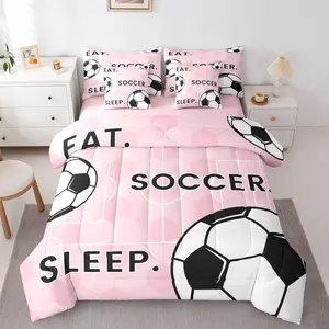 Pink Football Bed in A Bag 7 Pcs Black White Soccer Comforter Set for Kids Boys Girls Fashion Soccer Field Bedding Set,Girly Football Ball Games Sheet Set with Comforter