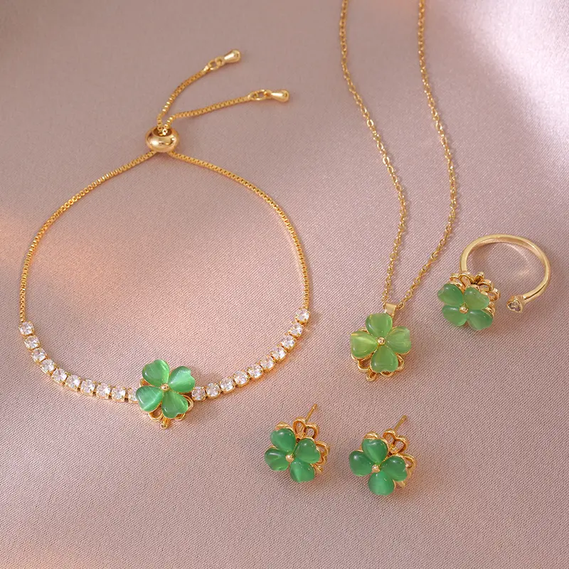 5PCS Green Jewelry Set for Women, Trendy Style Set Series Rotating Four-leaf Flower Earrings Simple Fashion Rotating Jewelry