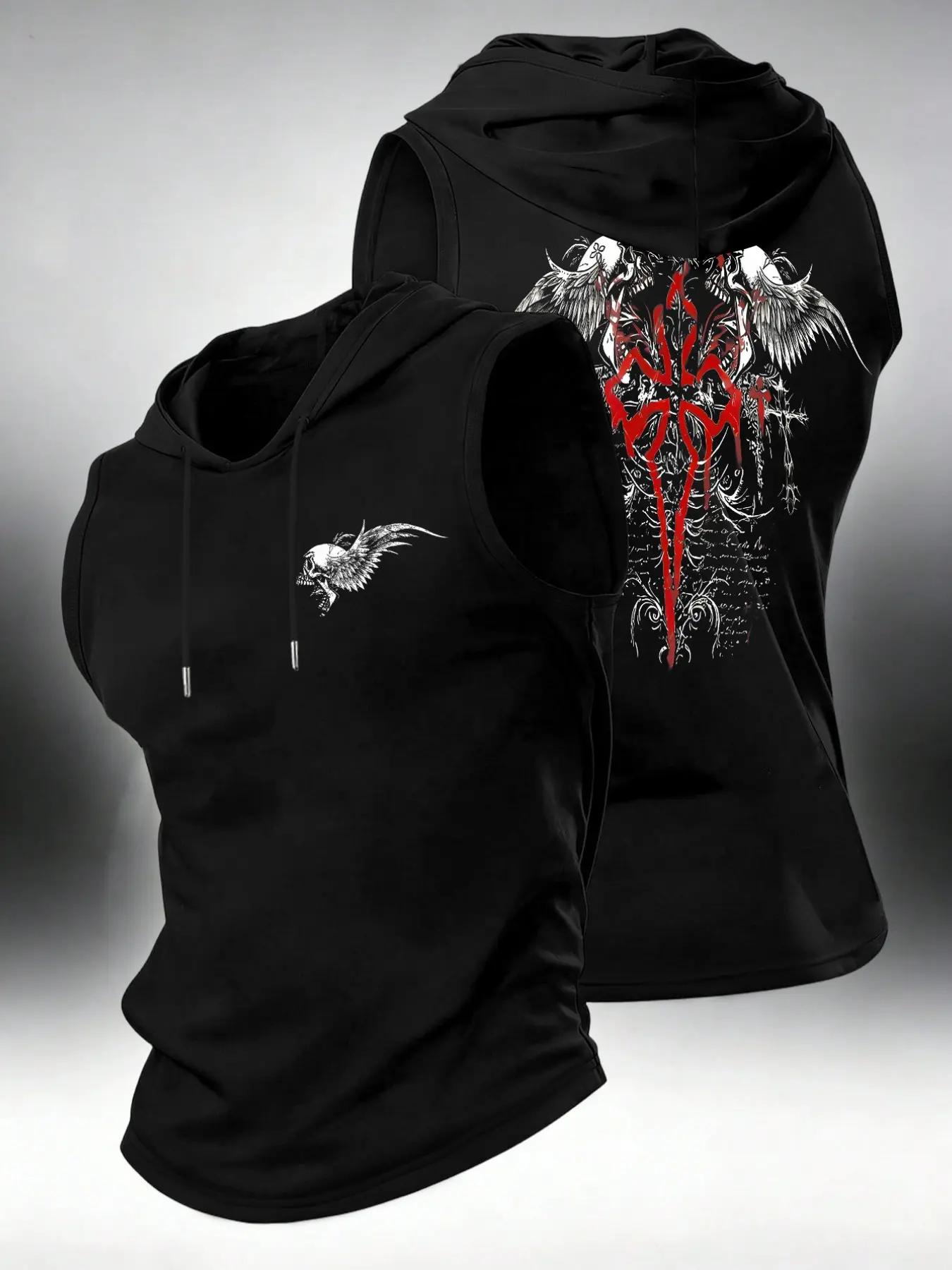 Men's Casual Hooded Sleeveless T-Shirt Skull Spikes Print, Fashion Versatile Sports Style, Summer Fitness Outdoor Wear, Fitness Training Wear, Activewear Vest, Fitness Vest Shirt, Casual Gym Vests
