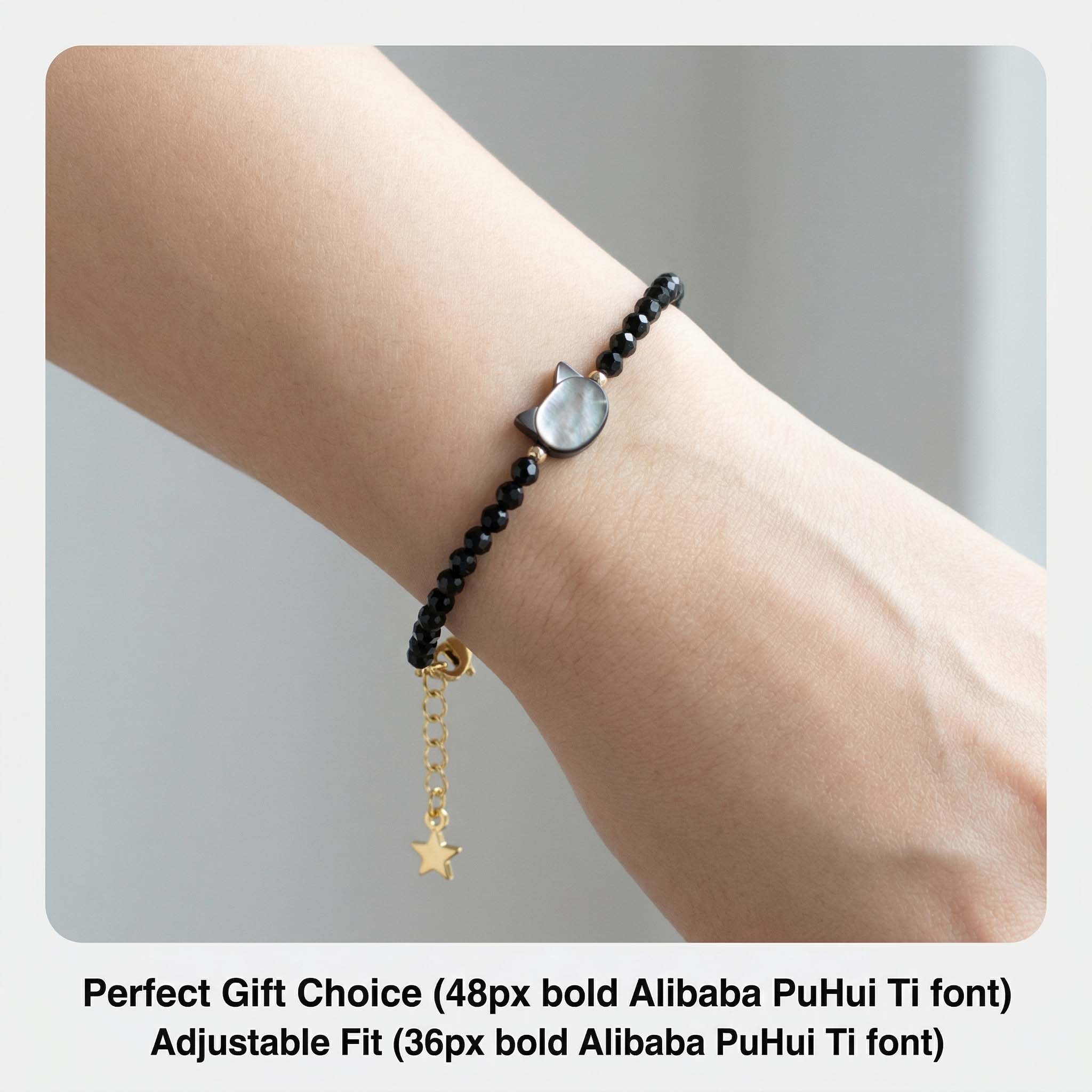 Black Crystal Bracelet with Cat Head Design for Women - Adjustable & Gift-Ready Lucky Fortune Cat