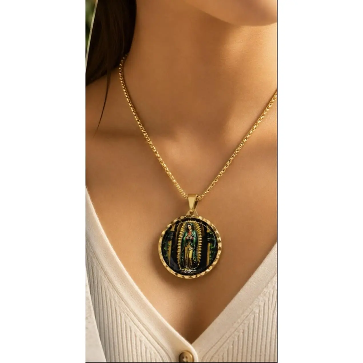 Kiki F&D Shop LLC Our Lady of Guadalupe Gold Stainless Steel Pendant Necklace Tarnish Resistant Elegant Faith Devotion Gift