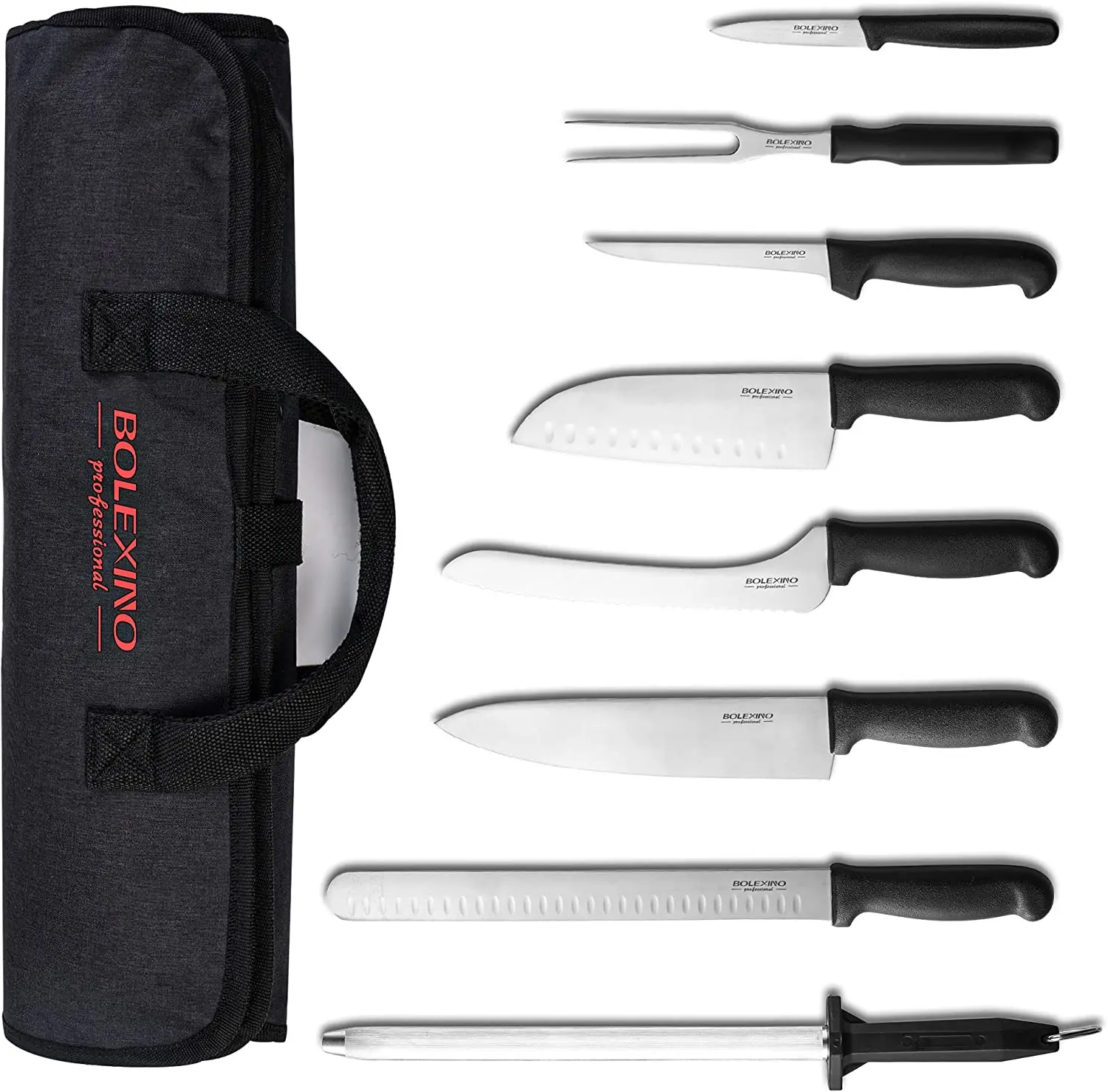 BOLEXINO 9-Piece Professional Kitchen Meat Knives Set - Japanese High Carbon Stainless Steel, Includes 12" Sharpening Steel & Portable Roll-Up Bag, Commercial-Grade for Home Chopping & Outdoor BBQ