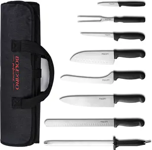 BOLEXINO 9 Piece Professional Chef Knife Set, Incl. Portable Roll-Up Bag and 12" Sharpening Steel, Commerical-Grade Knife For Home & Outdoor BBQ, Japanese High Carbon Stainless Steel