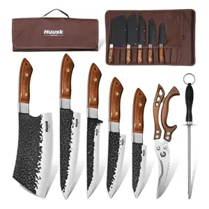 Huusk Butcher Knife Set - Hand Forged Meat Cleaver & Boning Viking Knives & Chef Utility Knives,Chef Knife Set with Bag for BBQ,Christmas Gifts for Men Women