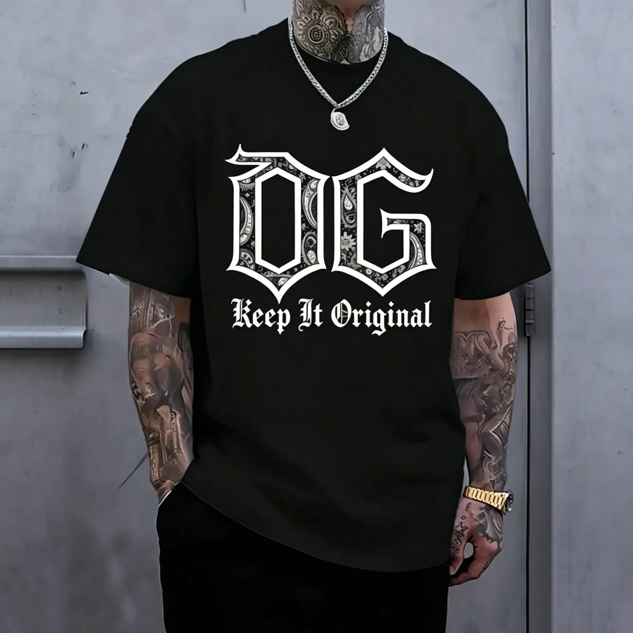 Men's "OG Keep It Original" Graphic T-Shirt,Casual Streetwear Tee With Paisley Bandana Print, Hip Hop Style Short Sleeve Top