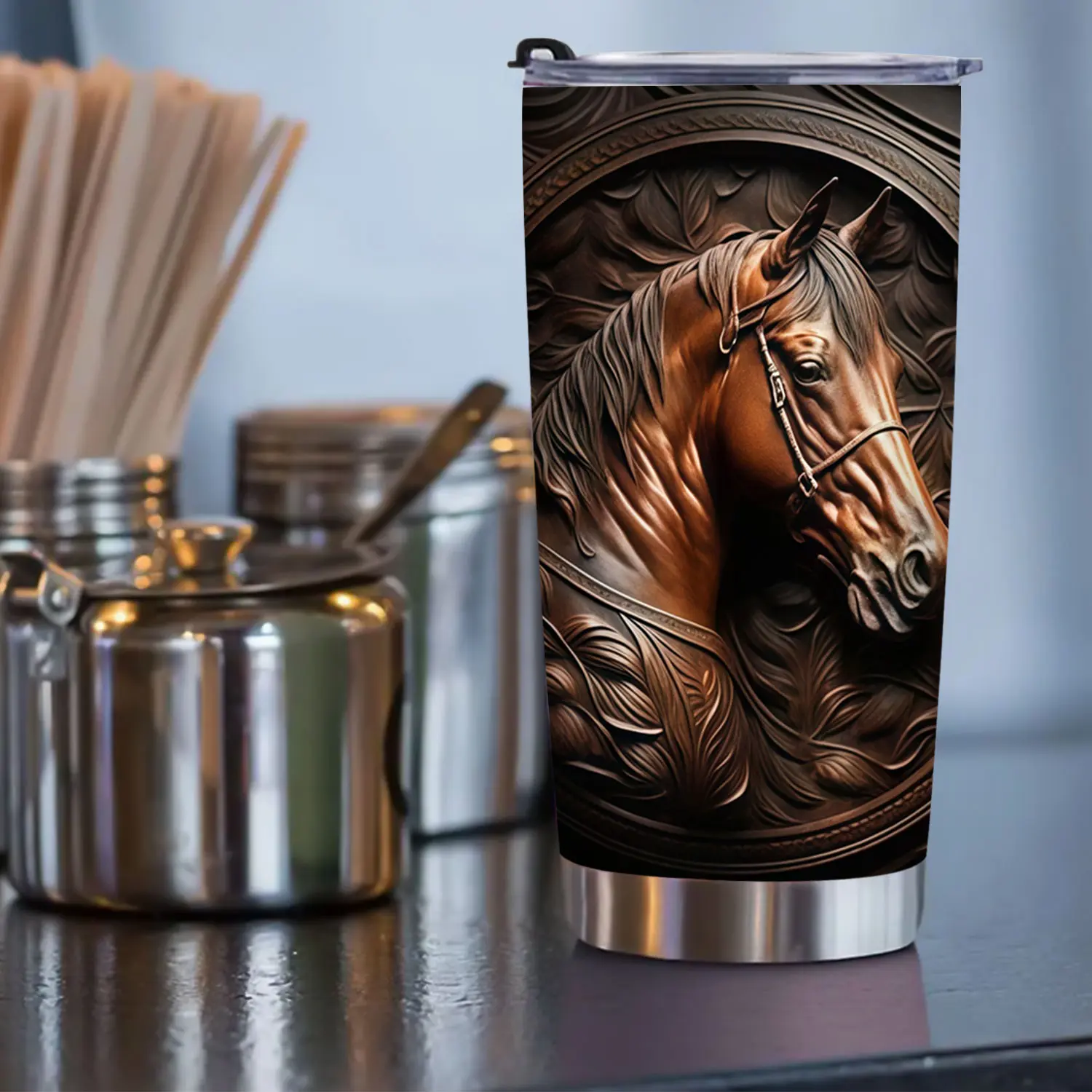 20oz Stainless Steel Insulated Cup Tumbler with Lid, Vintage Horse Embossed Design, Dual-Layer Vacuum Keeps Warm/cold, Portable Outdoor Travel Sports Mug