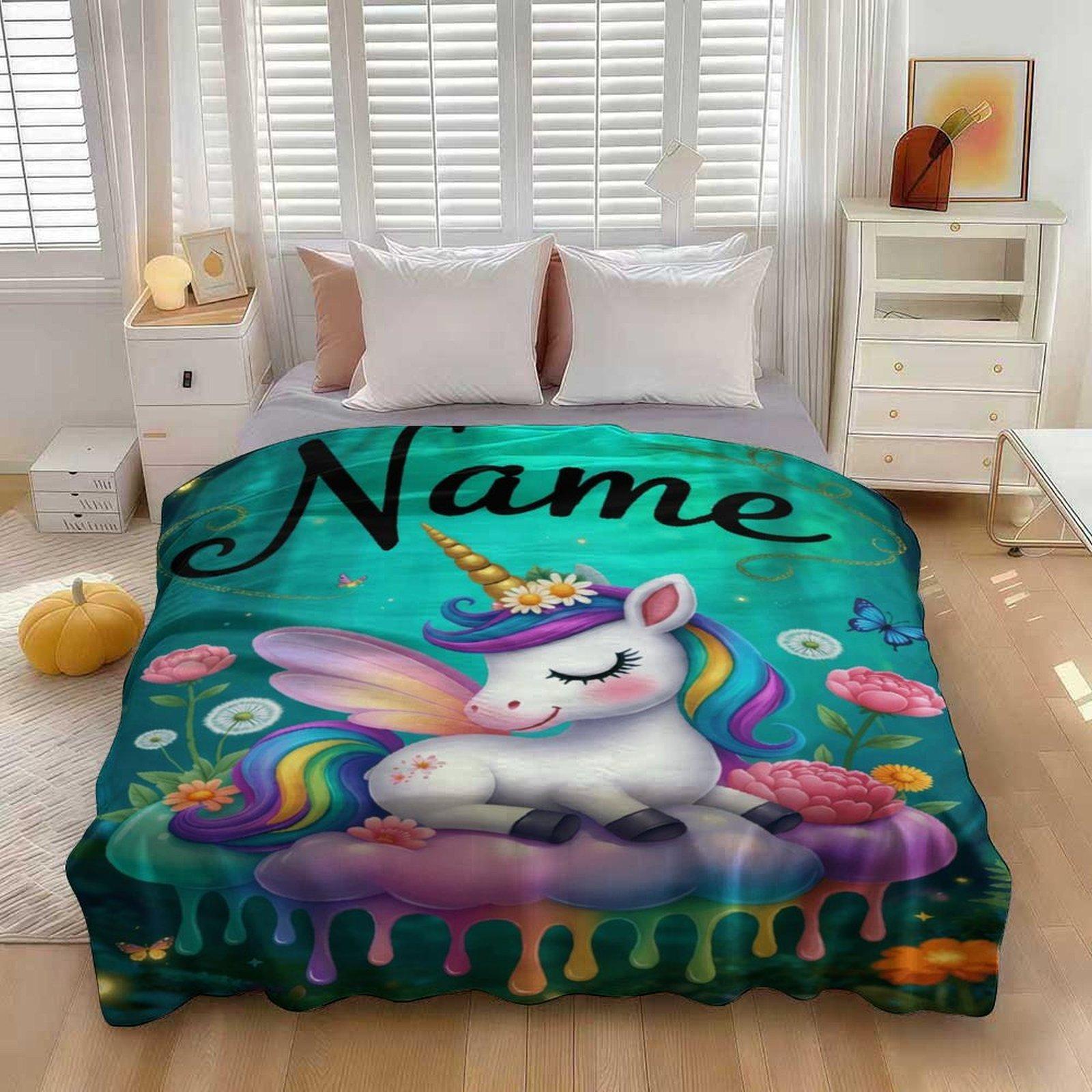 Custom Pink Unicorn Flannel Blanket ,Personalized Name Gift ,Suit for The Sofa, Bed, Travel, Camping, Living Room, Office, Chair，Gifts for Family or Child  ,Friend , Send your custom text via shop chat to personalize