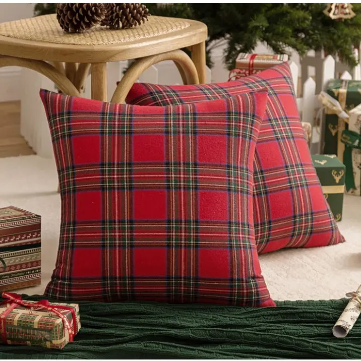 Pack of 2 Christmas Plaid Decorative Throw Pillow Covers Scottish Tartan Cushion Case for Farmhouse Home Holiday Decor Red and Green, 18 x 18 Inches