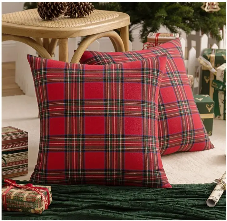 Pack of 2 Christmas Plaid Decorative Throw Pillow Covers Scottish Tartan Cushion Case for Farmhouse Home Holiday Decor Red and Green, 18 x 18 Inches