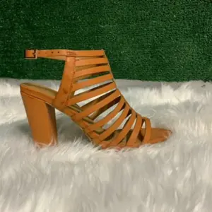 Kaylee Camel Color Strappy Chunky Heels - Fashion Shoes with Unique Strap Design