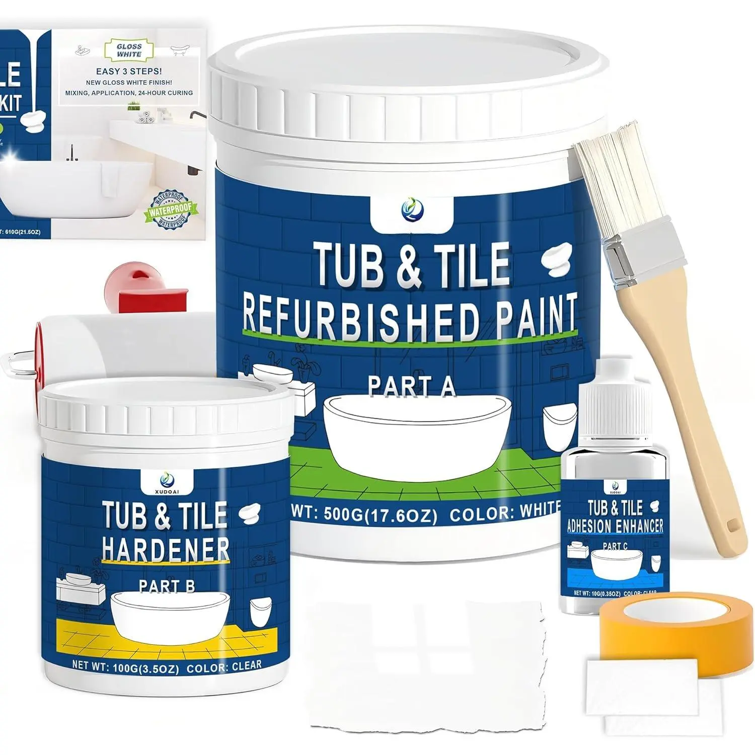 Bathtub Refinishing Kit Gloss White 21.5oz Tub  Reglazing, Tub and Tile Refinishing Kit with Tools,  for Bathroom/Kitchen/Shower/Porcelain/Sink/Ceramic