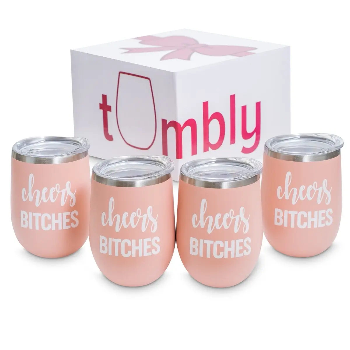 Cheers Bitches Party Tumbler Set – 4-pack - Sassy & Classy 12oz Cups for Birthday Queens & Bachelorette Parties – includes 4 bonus wine stoppers