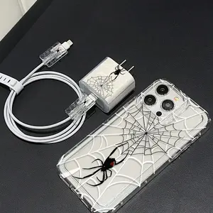 Spider Web Pattern Phone Case with Charger Saver & Cable Protector & Storage Rope, Anti-drop Cellphone Protective Case, Total Protective Shockproof Mobile Phone Cover for iPhone, Casing, Spider Web Design, Shockproof Tpu Cover