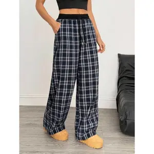 Women's Plaid Patchwork Comfortable Loose-Fit Straight Leg Pants, Casual Style All-Season Wear, Moderate Fabric Thickness,Airport Outfit