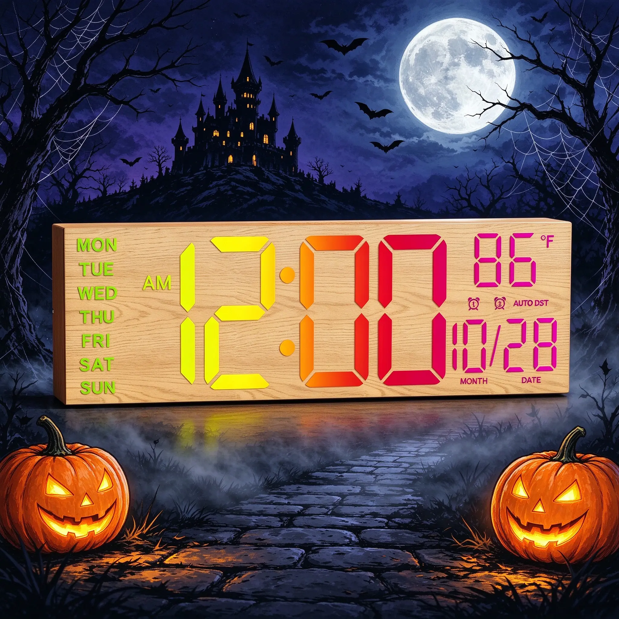 LEIKE 16.5in Wooden Smart Digital Decorative Wall Clock - RGB Lights, Remote Control, Dual Alarms, Auto Brightness Display, 1-99 Min Countdown Timer, Temperature Display for Bedroom, Business Space