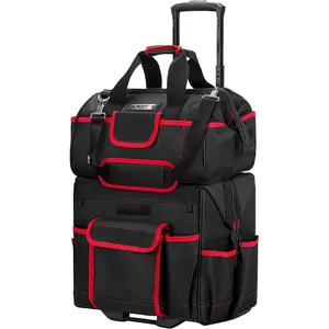 2- Rolling Tool Bag Set, 15" Wheeled Tool Bag & Wide Mouth Tool Tote, Heavy-Duty Tool Storage Organizer with Durable Off-Road Wheel, Steel Telescoping Handle &  Strap - HT0288