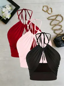 Pure Desire Halter Neck Hollow Out Tank Top, Waist Cinch Pleated Hot Girl Style, Multi-Color Three-Piece Set, Casual Slim-Fit Clothing