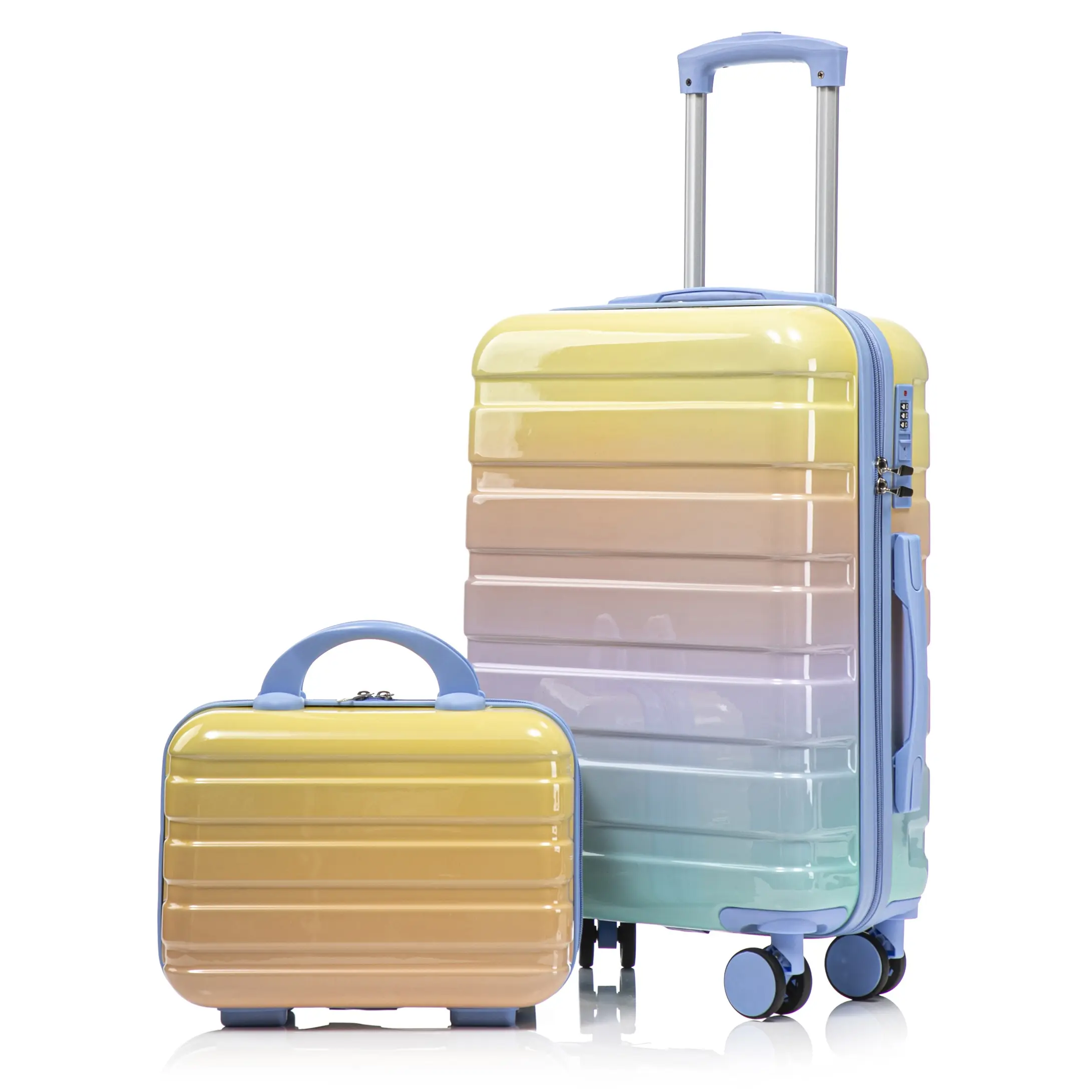 2-Piece Gradient Color Luggage Set, 14'' Cosmetic Case & 20'' Carry-On Suitcase,PC Lightweight Hardshell Luggage with Spinner Wheels & Combination Lock – Durable Travel Set , Suitable for Weekend Short Trips & Light travel in summer (Blue+Yellow)