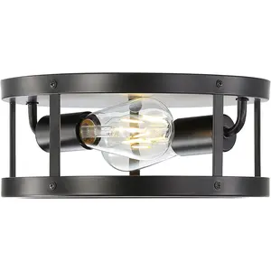 Farmhouse Semi Flush Mount Ceiling Light, Black 11inch 2-Light Metal Cage Light Fixture Ceiling Mount, Industrial Closed to Ceiling Mount Lamp, Vintage Pendant Lighting, Bulb Not Included