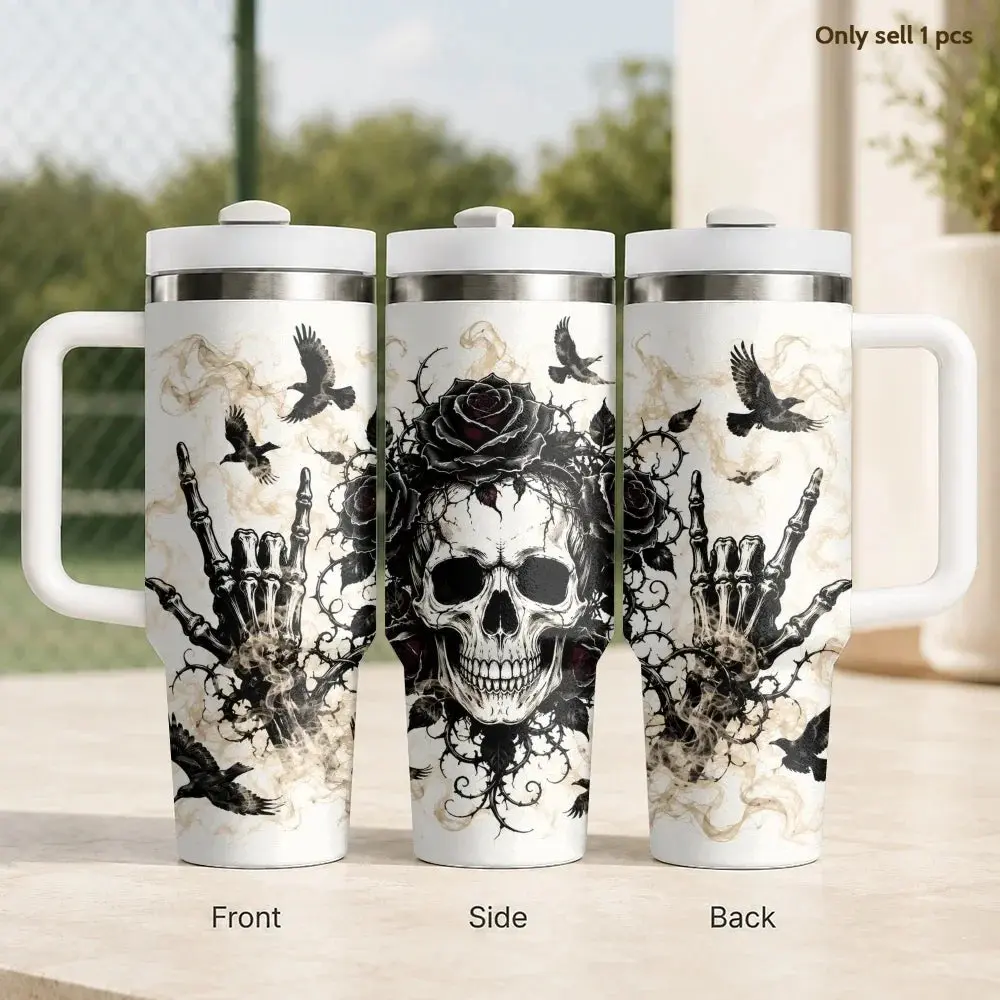 40oz Gothic Skull & Raven Insulated Tumbler with Handle