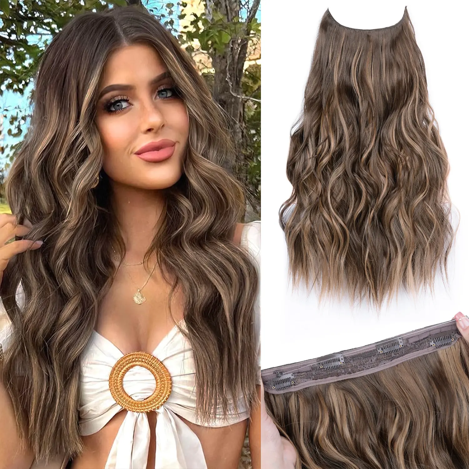 Vitorish Invisible Wire Hair Extensions with 4 Clips 20Inch Long Synthetic Wavy Curly Hairpiece Adjustable Transparent Headband for Women Dark Brown Thick Hairpieces length