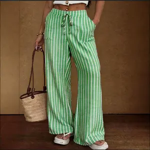 Women's Striped Wide-Leg Trousers – Lace-Up Elastic Waist Loose Fit