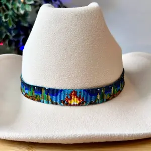 Loomed Seed Bead Hatband: Campfire, Cabin, Sasquatch Design