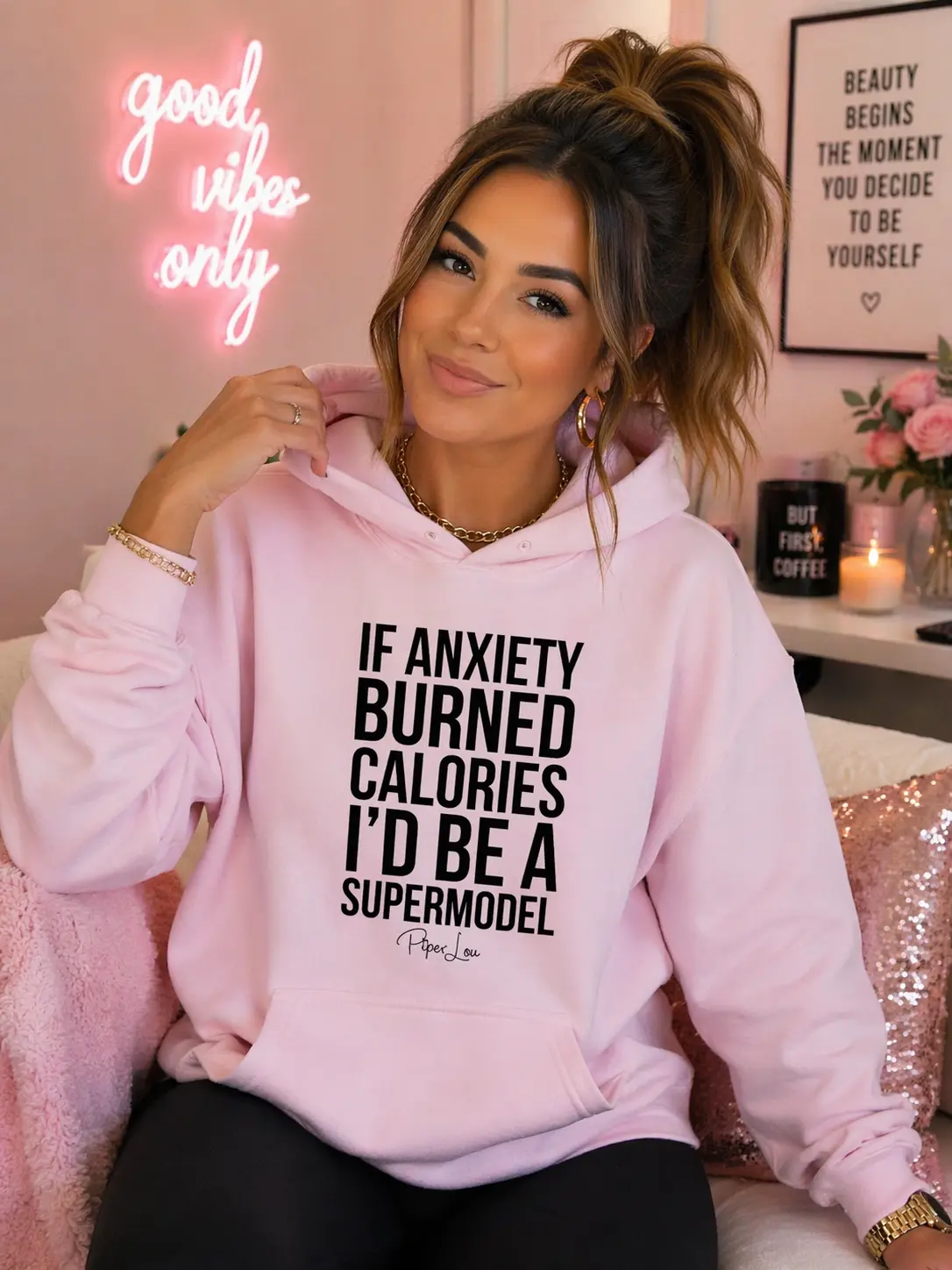 Women's 'If Anxiety Burned Calories' Graphic Hoodie, Soft Cotton-Polyester Pullover Sweatshirt with Pocket for a Comfy Evening OOTD, Fabric, Matching, Lazy Outfit, Comfy Ootd, Drawstring, Spandex