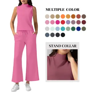Casly Lamiit Women's Summer 2 Piece Outfits Mock Neck Tank Top & Cropped Wide Leg Pants Lounge Sets 2026 Fashion Tracksuit Casual Minimalist Crewneck Clothes