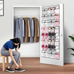 Wall-Mounted 24-Grid Shoe Organizer Rack, Lightweight Closet Bag Storage Shelf with Mesh Pockets, Transparent Door Hanging Fabric Box for Home Organization