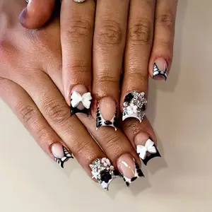 French Tip Press-On Nails 24pcs | Short Square Zebra Bow Fake Nails | Cute Charm Design for Women