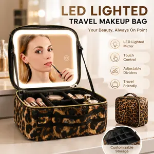 LED Makeup Case with Lighted Mirror, Leopard Print Travel Cosmetic Bag, Large Capacity Organizer with Adjustable Sections
