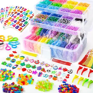 INSCRAFT 17500+ Rubber Loom Bands with 3 Layer Transparent Container, 28 Colors, 600 S-Clips, 352 Beads, 40 Cartoon Pendant, Bracelet Making Refill Kit for Kids